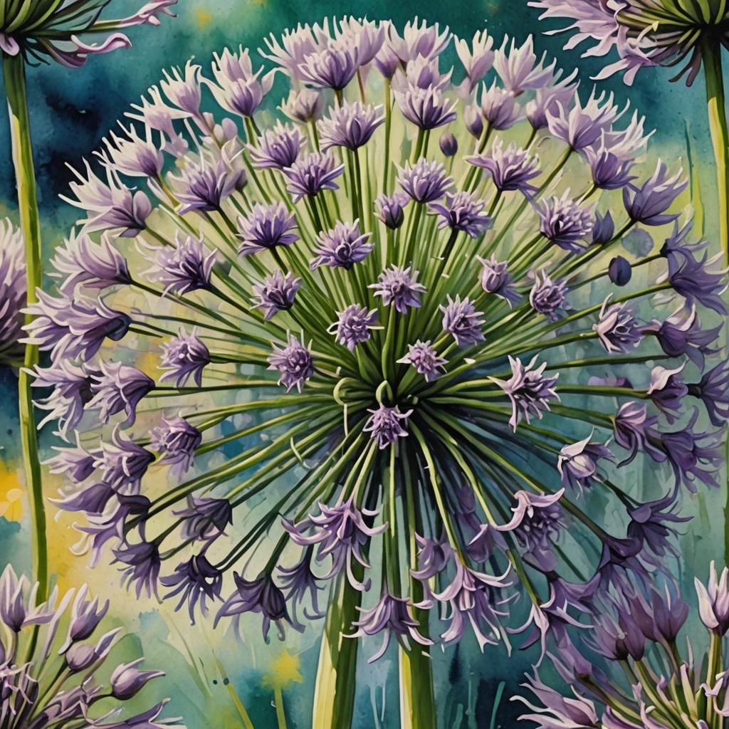 Allium Flower Macro in Gouache Impressionist Style