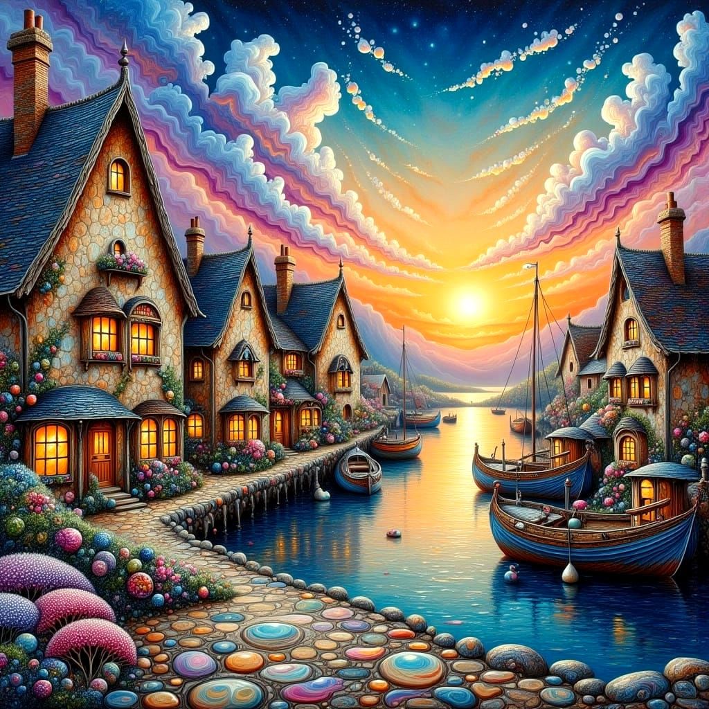 Romantic Seaside Village Under Fiery Twilight