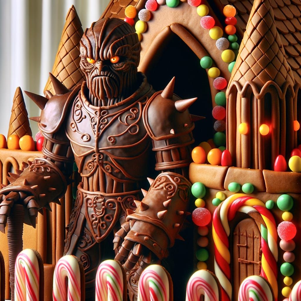 Chocolate Golem Guards Gingerbread Castle in Fantasy Scene
