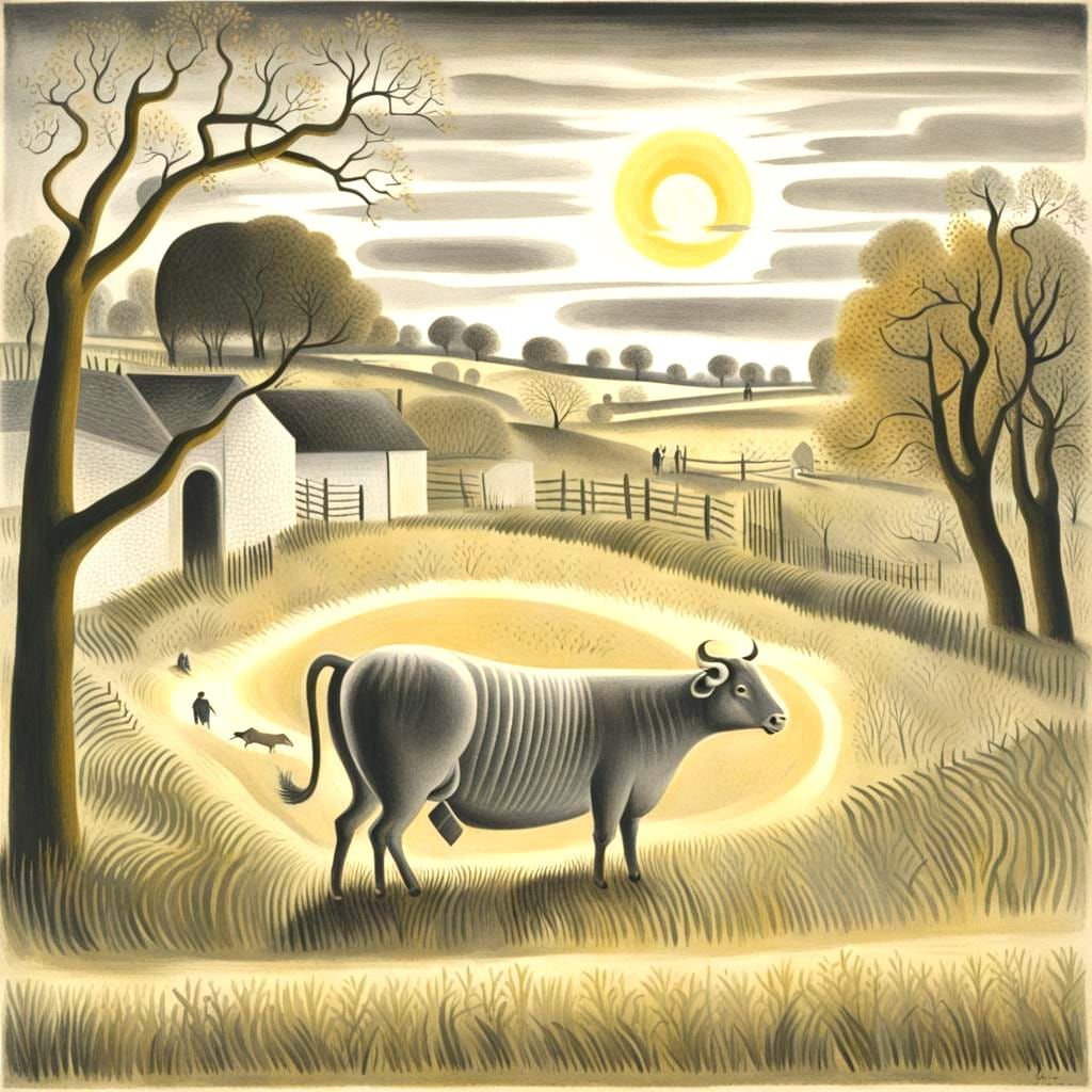 Ox in Field - Linocut Style Print