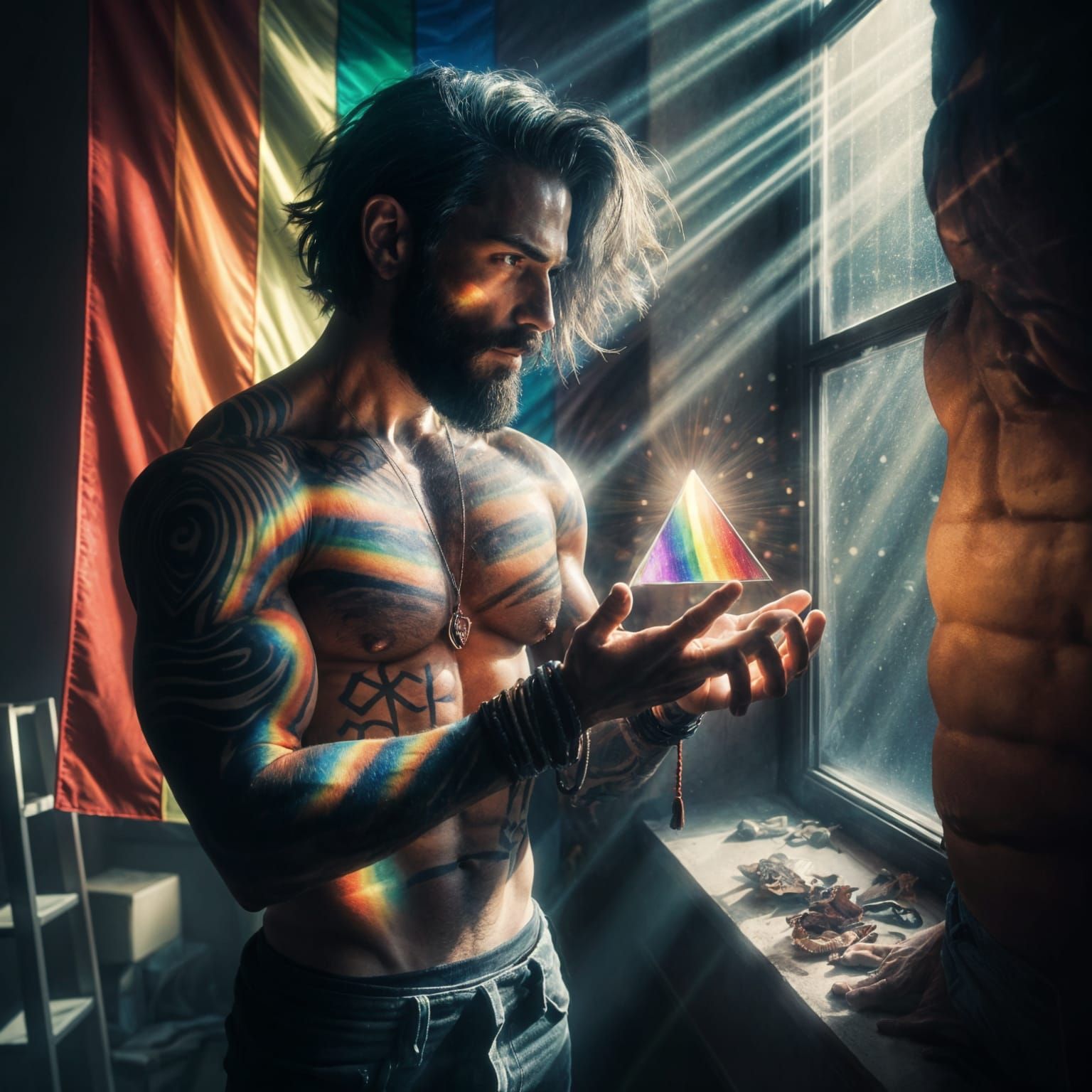 Man with Prism Casting Rainbow Light