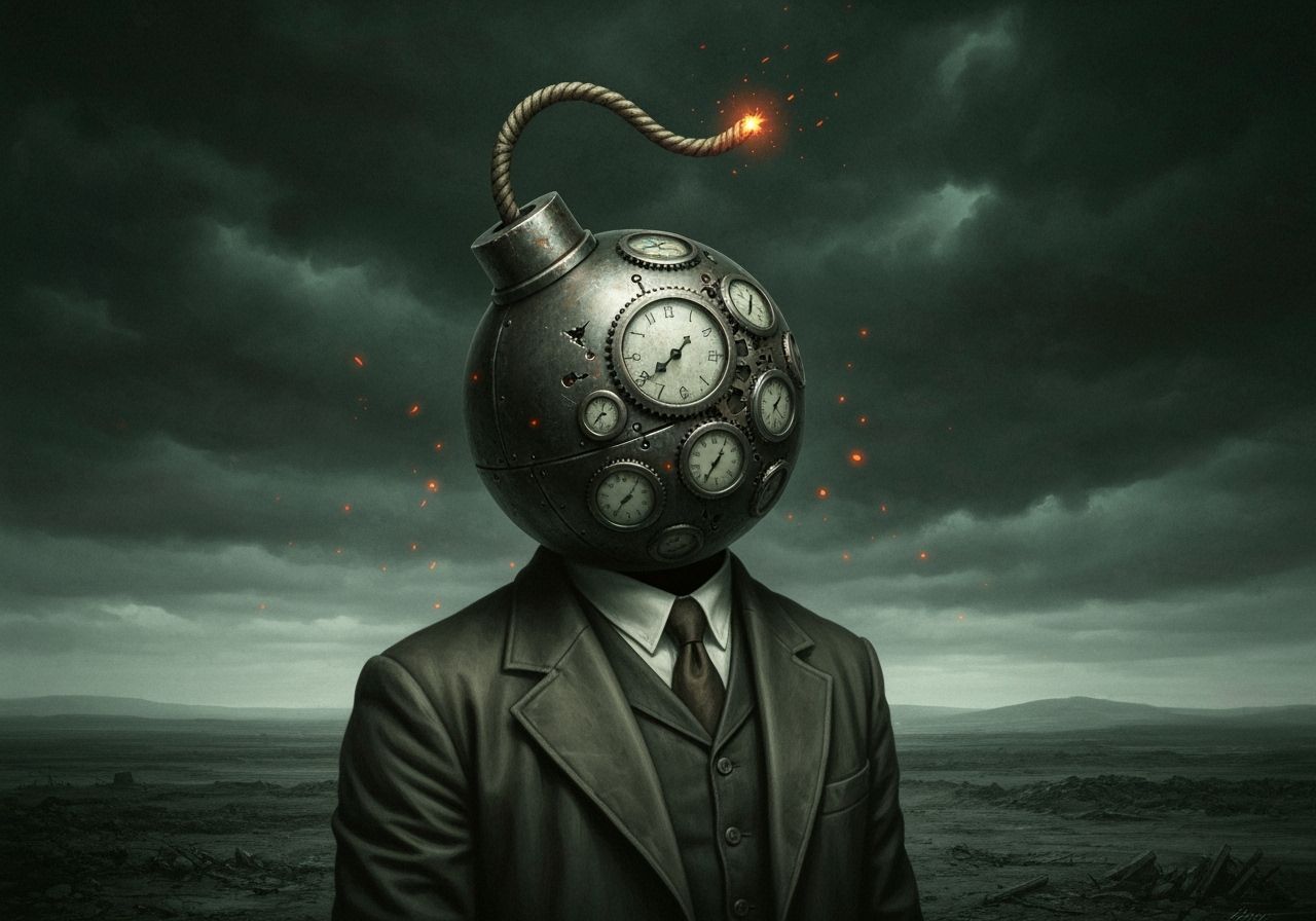 Bomb-Headed Figure in Post-Apocalyptic Engraving Style