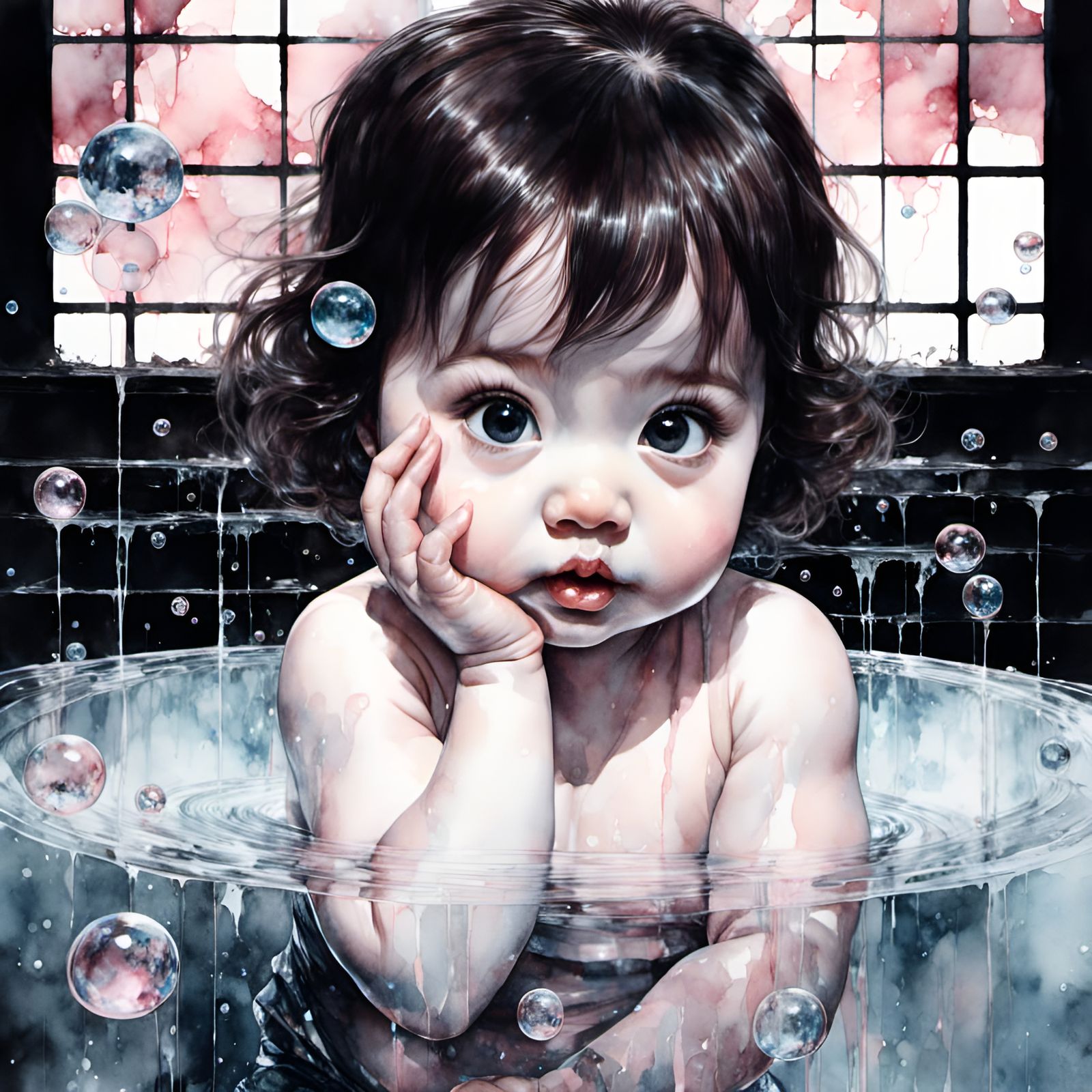 Baby Laughing in Bubble Landscape, Watercolor Style