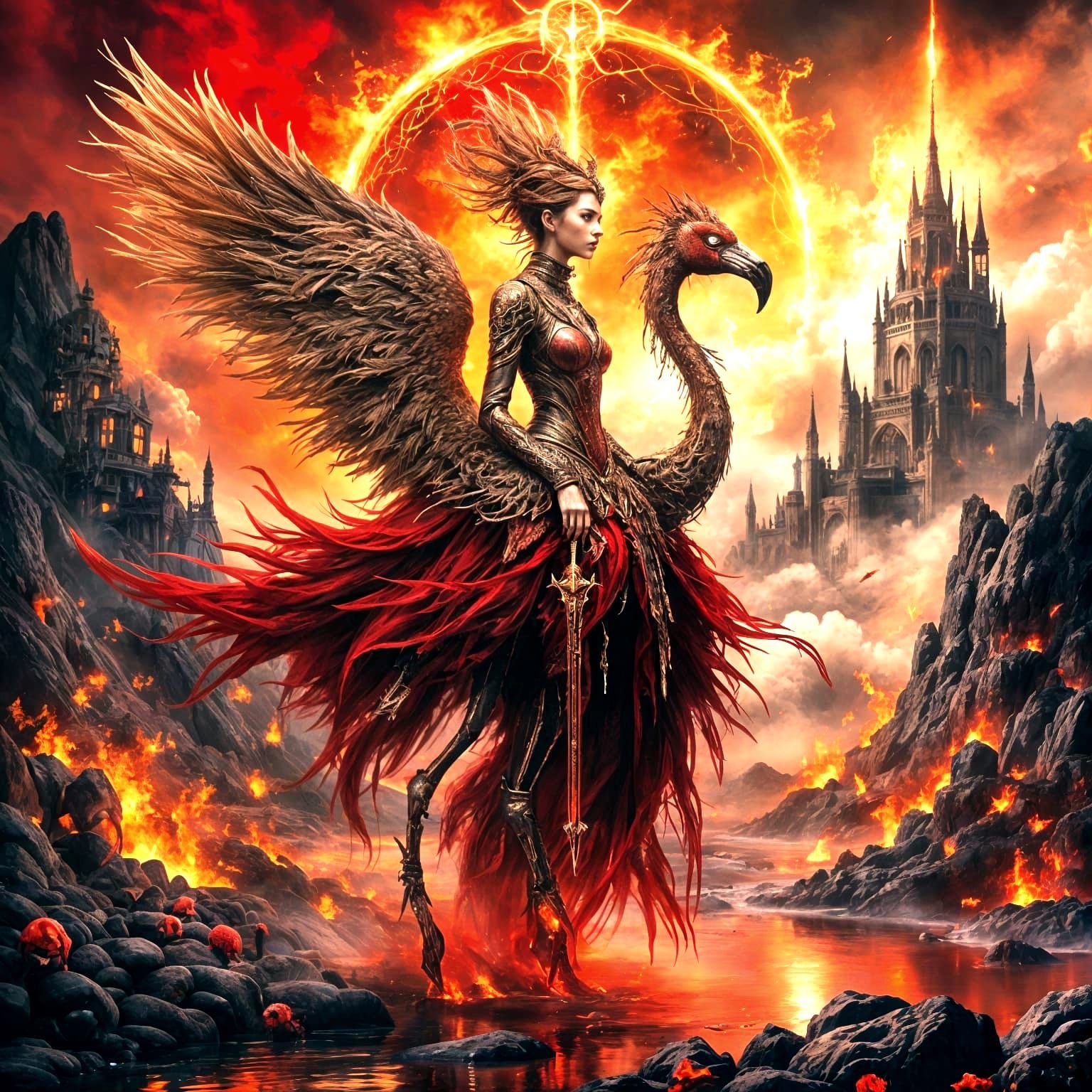 Cyberpunk Warrior Princess Rides Mechanical Flamingo Through...