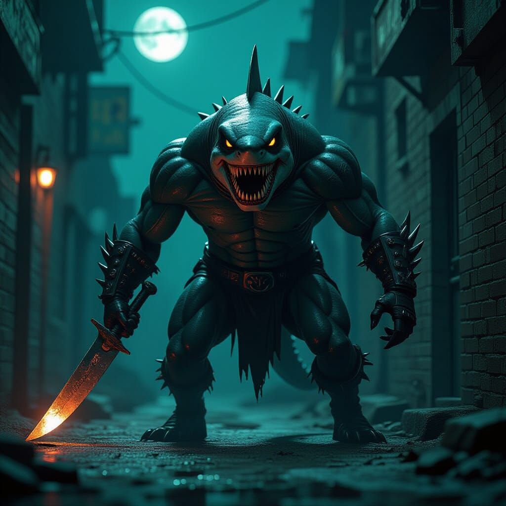 Shark-Human Hybrid Hunts Prey in Moonlit Alley