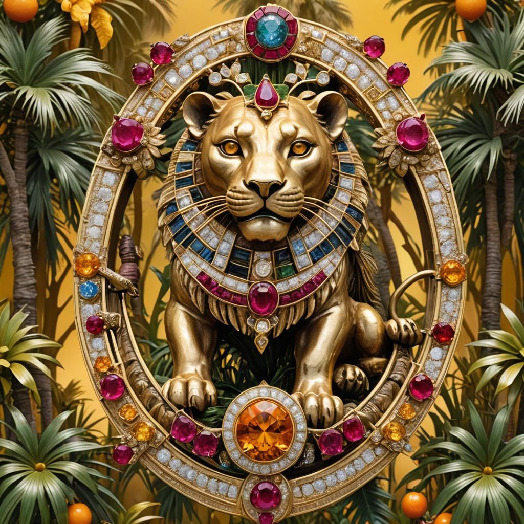 Golden Egyptian Lion Goddess Brooch with Gems