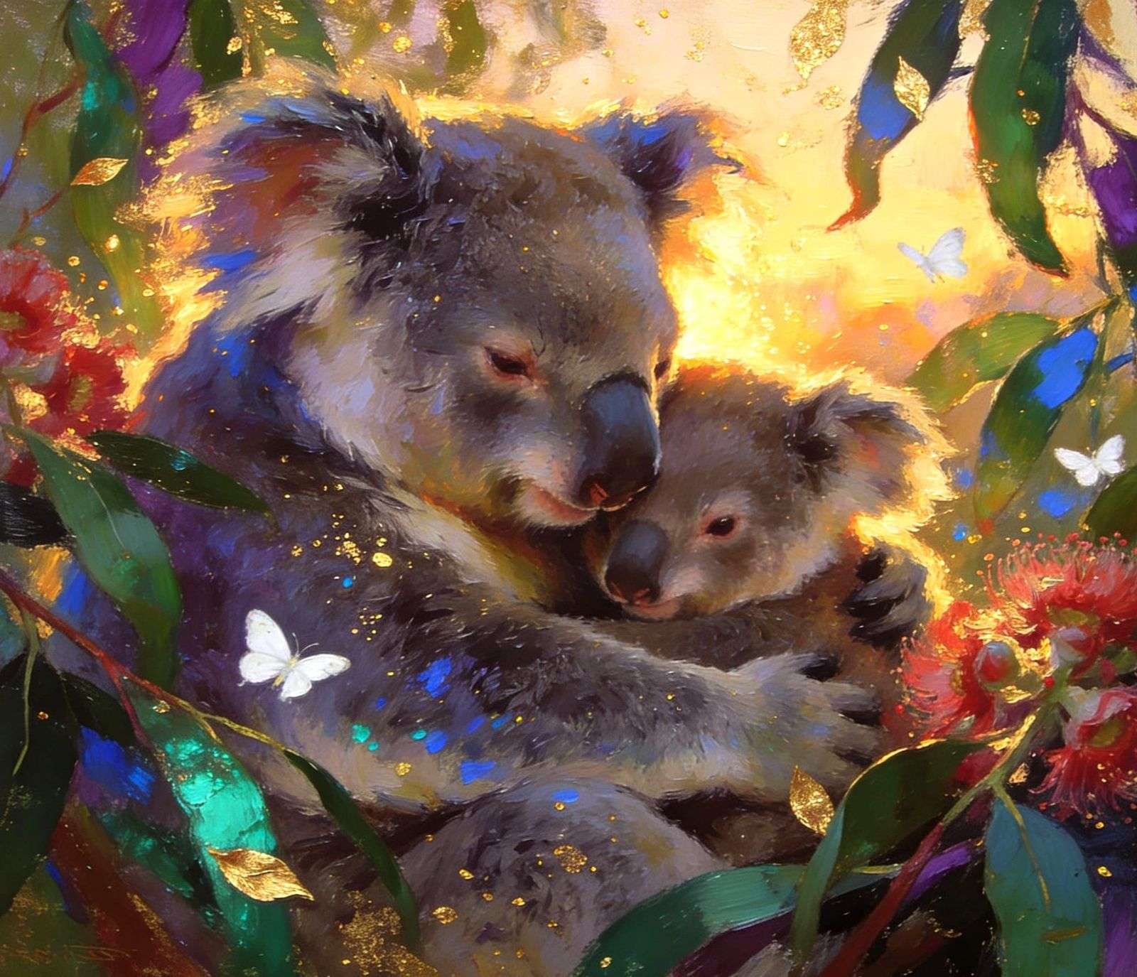 Adorable Koalas Cuddling in Warm Impressionistic Oil Paintin...