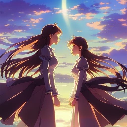 Mirror Twin Sisters in Studio Ghibli Anime Style