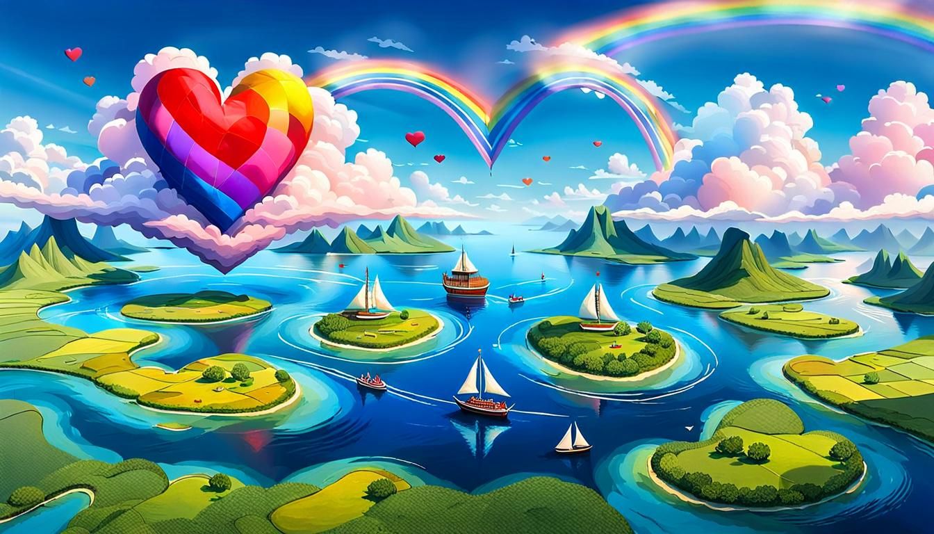 Heart Islands with Rainbow Clouds and Heart Sailboat