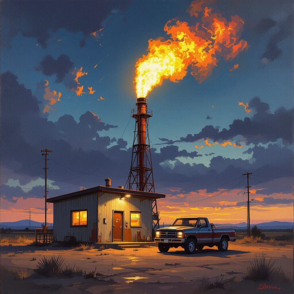 Oilfield Flare Stack Illuminates Night Landscape in Realist ...