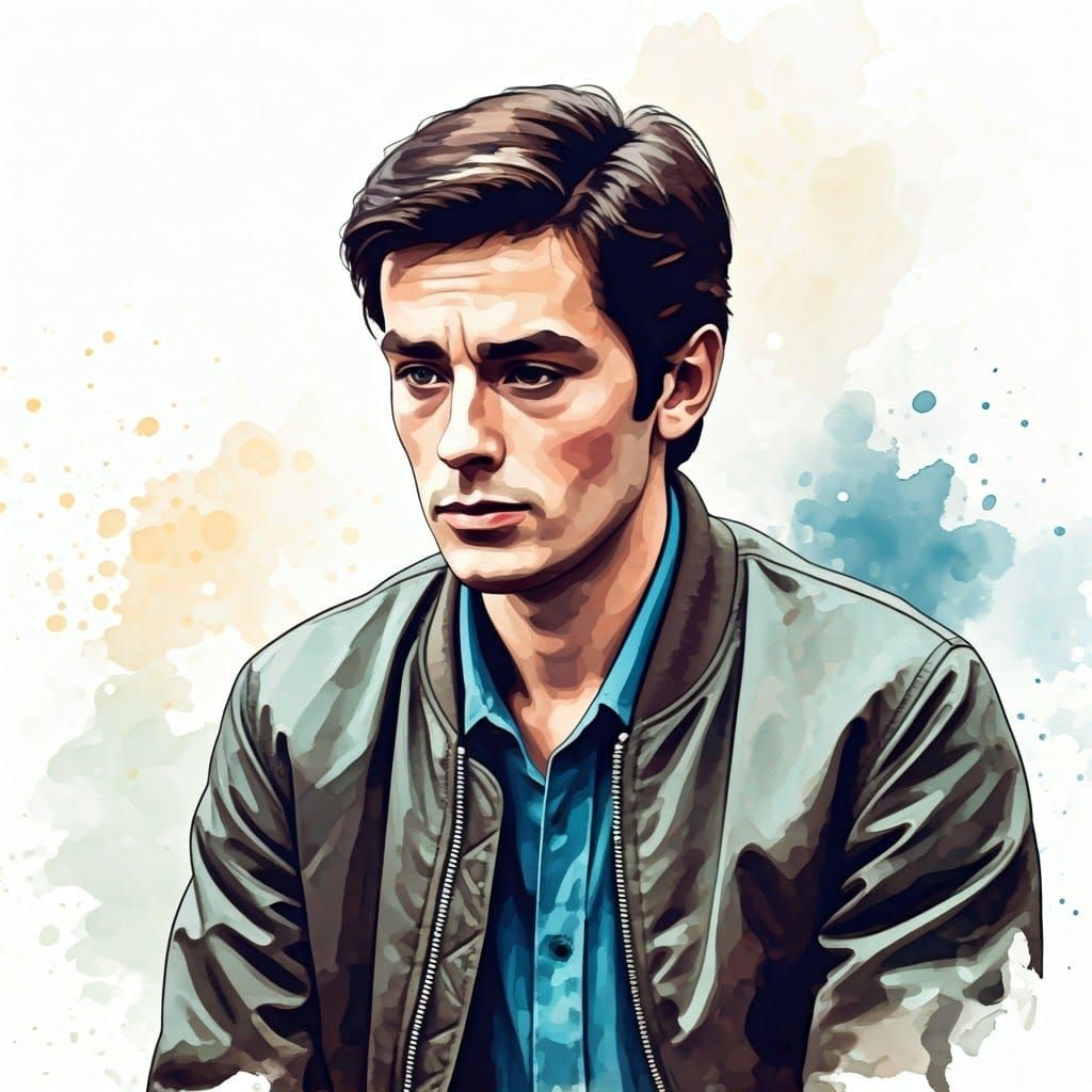 Absolute watercolor in a portrait of Alain Delon when he was young. Ethereal, beautiful, somewhat melancholic, with a re...