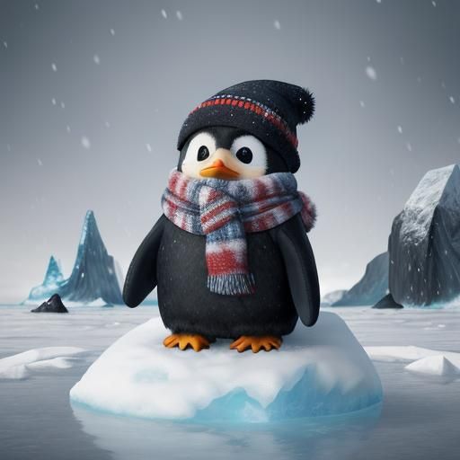 Cute Penguin in Winter Gear, Digital Painting