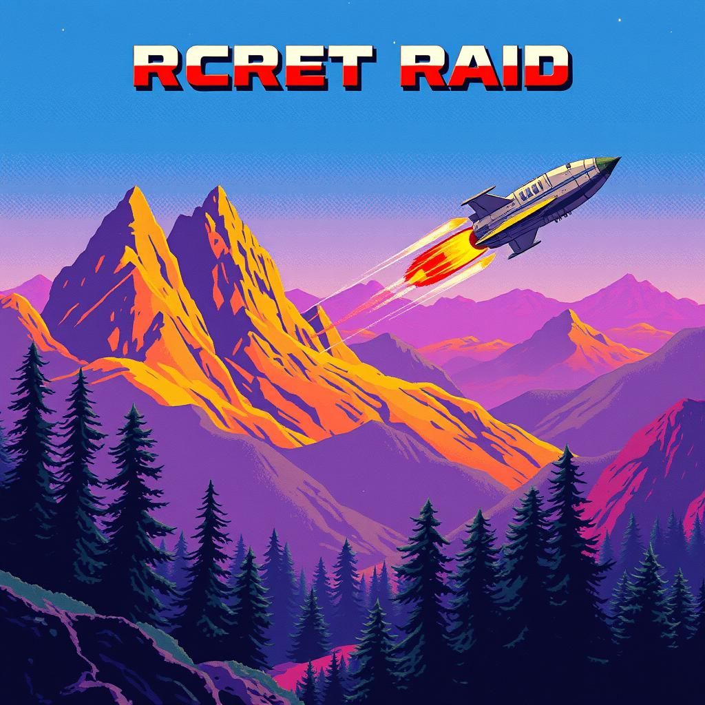 C64 side scroller. rocket raid. hills. parallax. trees. alie...