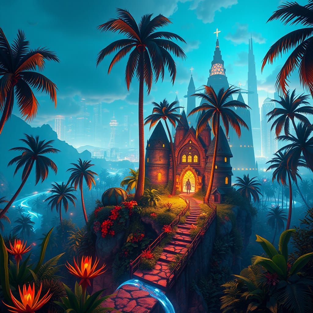 Lush Island Paradise with Futuristic Cityscape