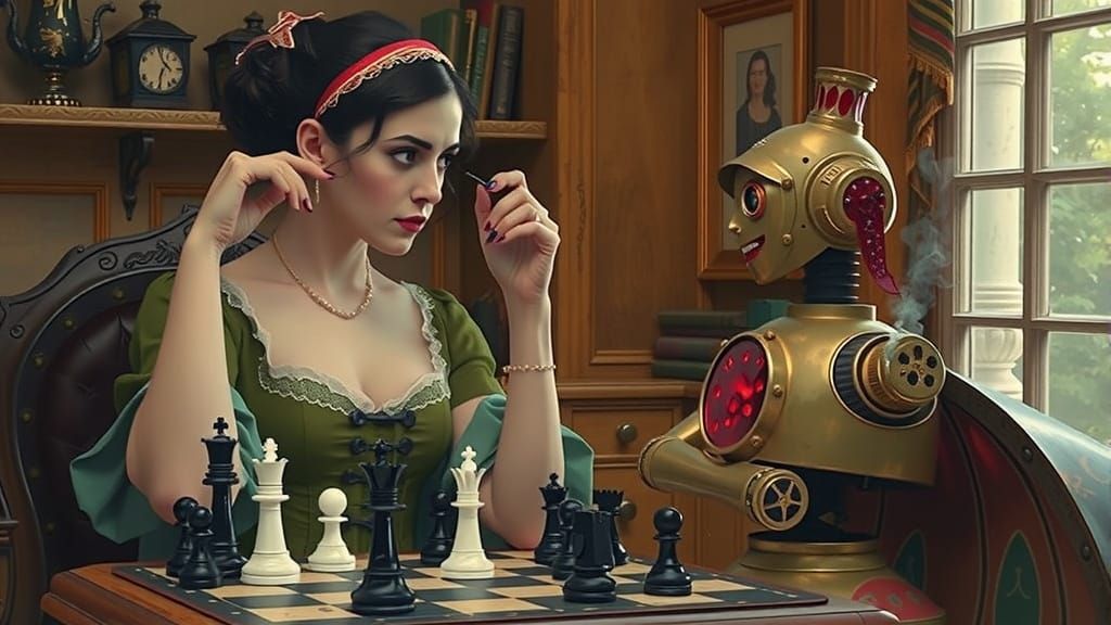 Victorian Woman and Robot Chess Match