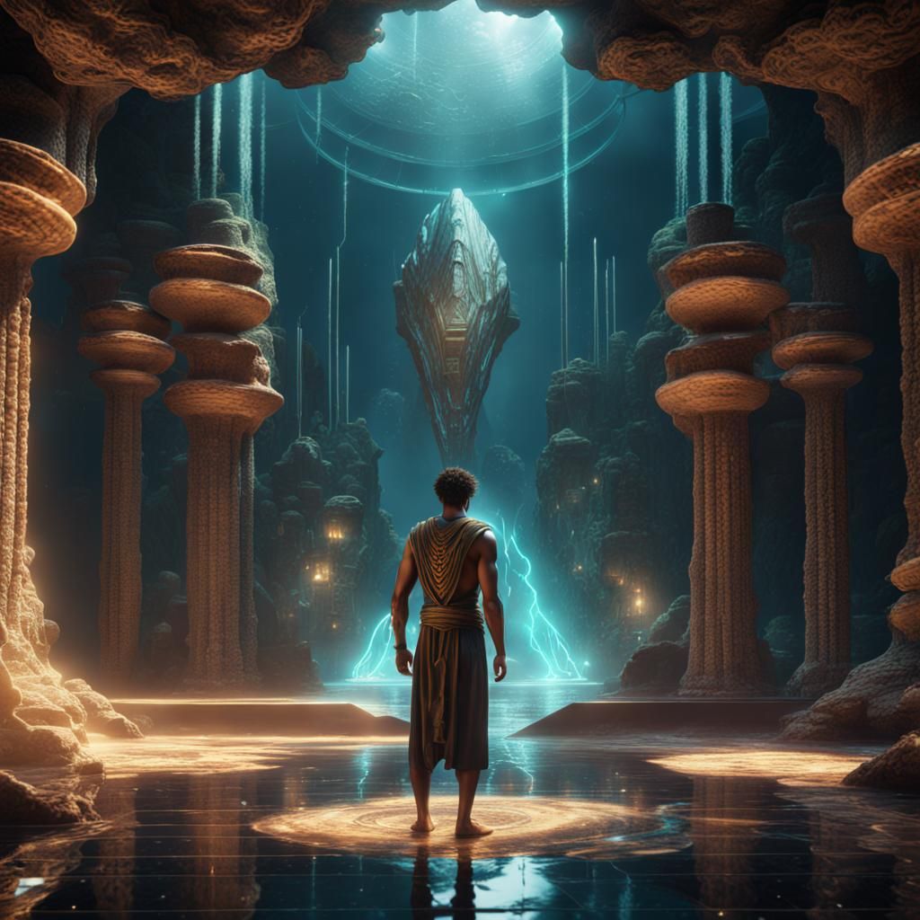 Atlantean Learns Quantum Crystal: Fantasy Concept Art