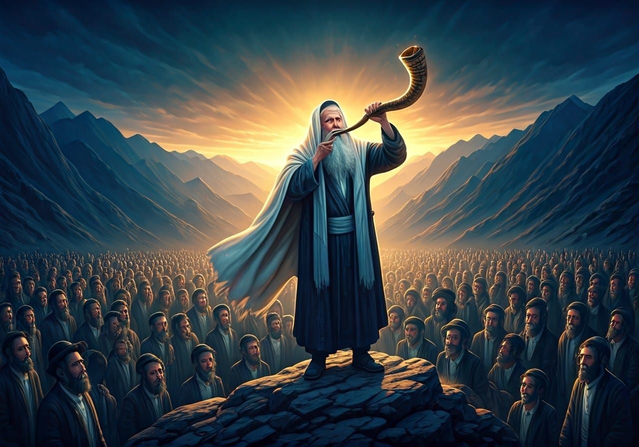 Jewish Messiah Blowing Shofar on Mountain Top