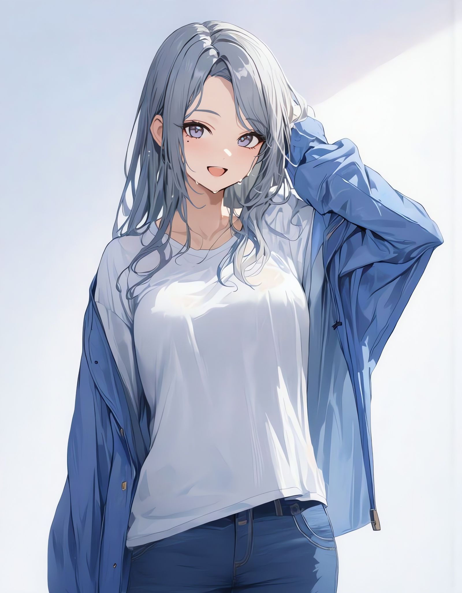 Happy Girl with Blue Hair in Raincoat