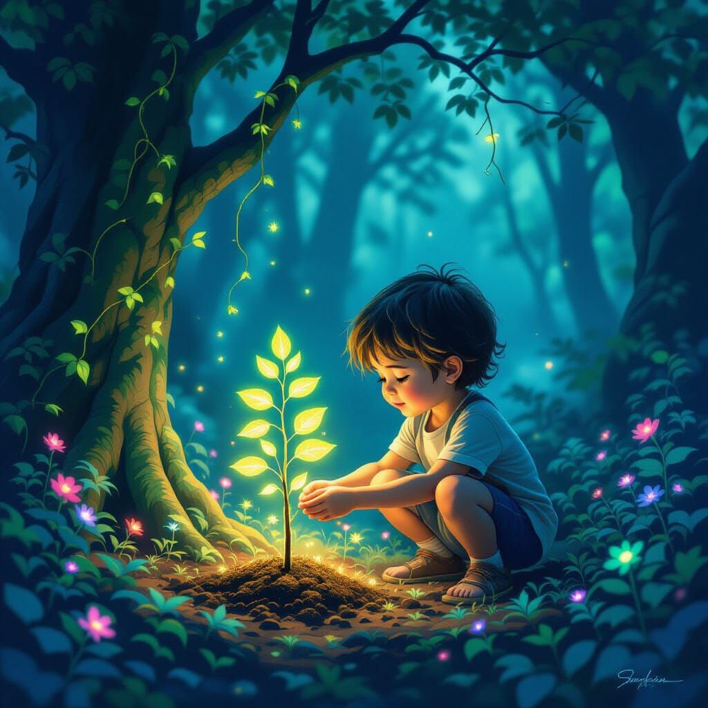 Child Plants Glowing Tree, Forest Awakens in Ethereal Light