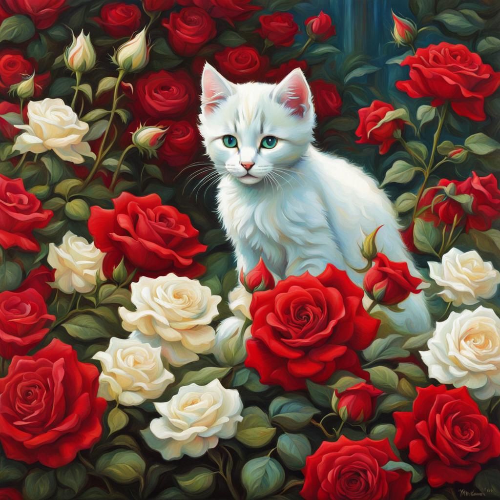 Kitten in Roses, Waterhouse Anime Style