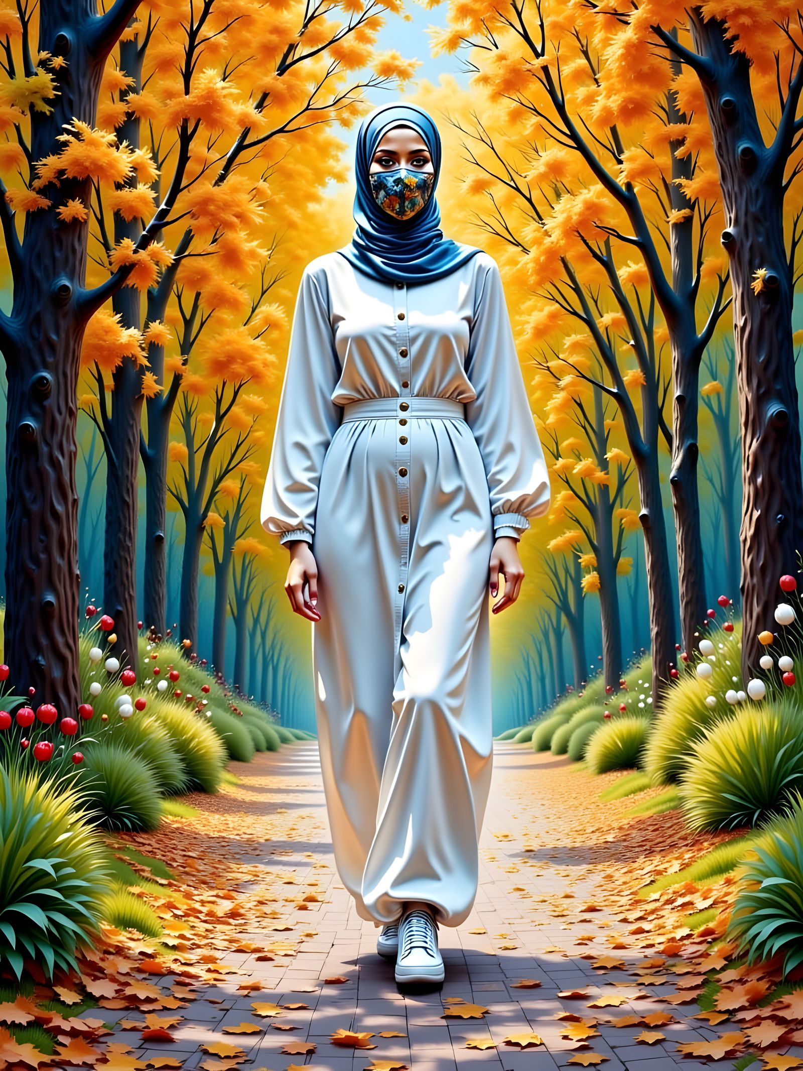 Beautiful Hijabi Woman in Forest, Art Nouveau Style