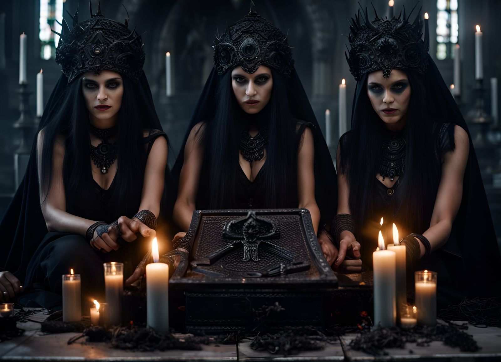 Black Magic Priestesses in Gothic Cathedral