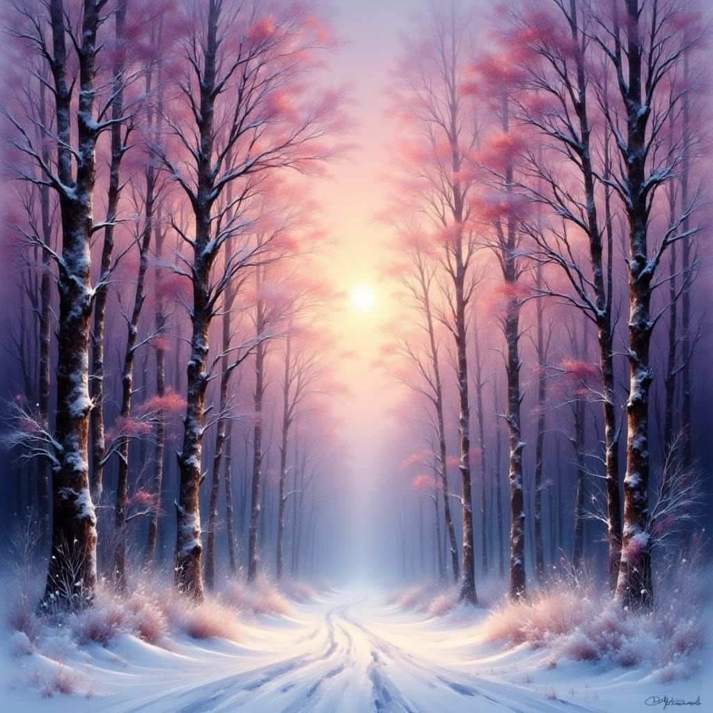 Winter Forest Gouache Painting in Ethereal Style