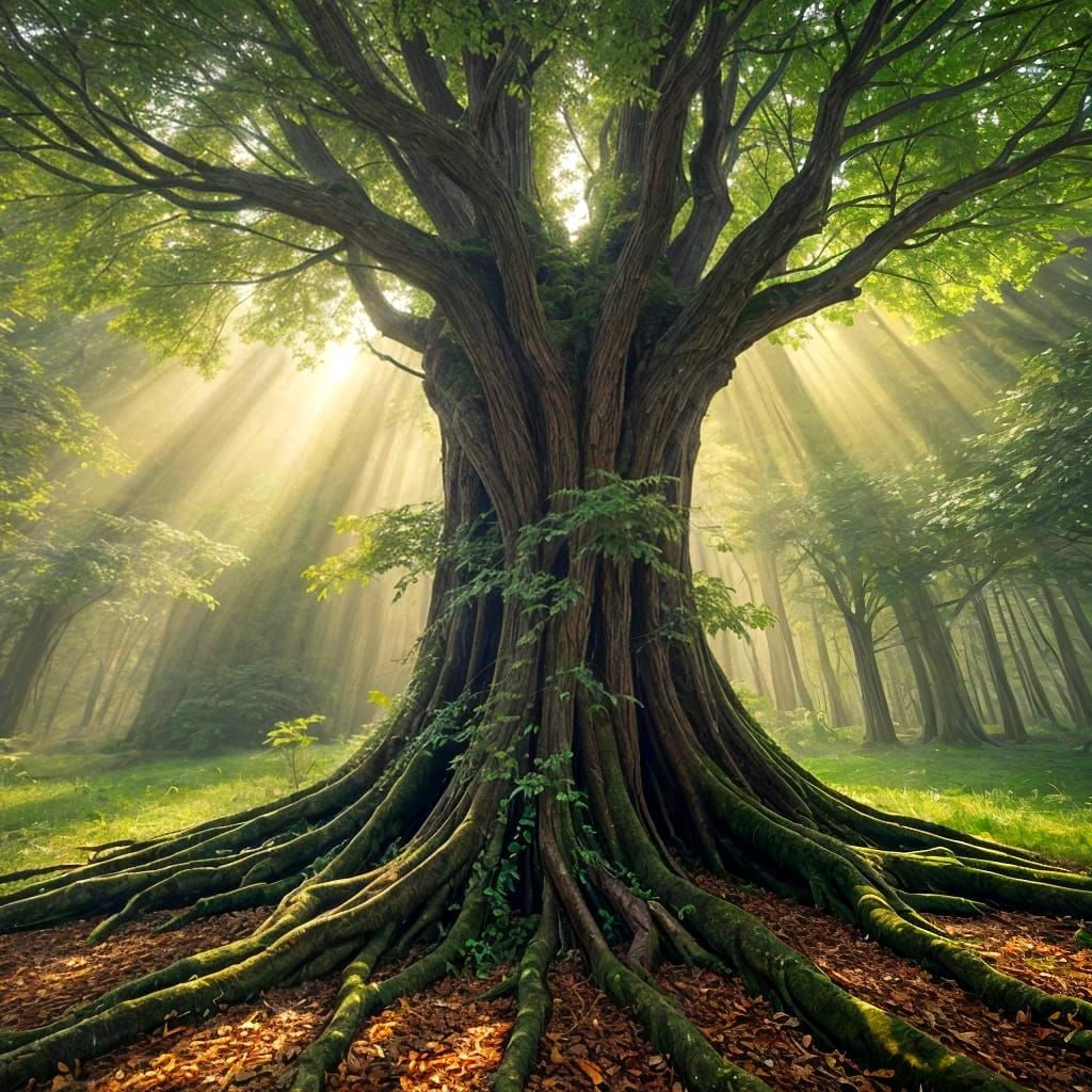 Mystical Tree with Crystalline Leaves in Magical Realism