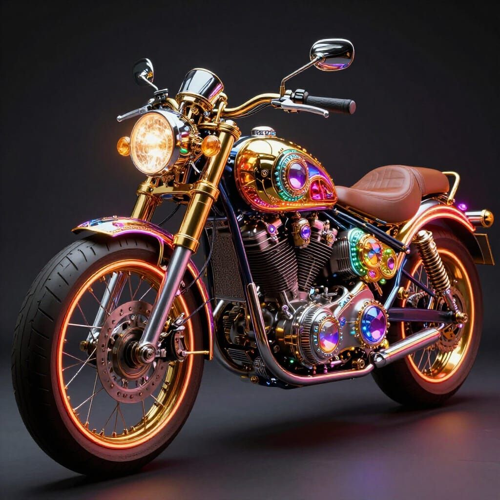 Detailed Steampunk Motorcycle with Neon and Gold Accents