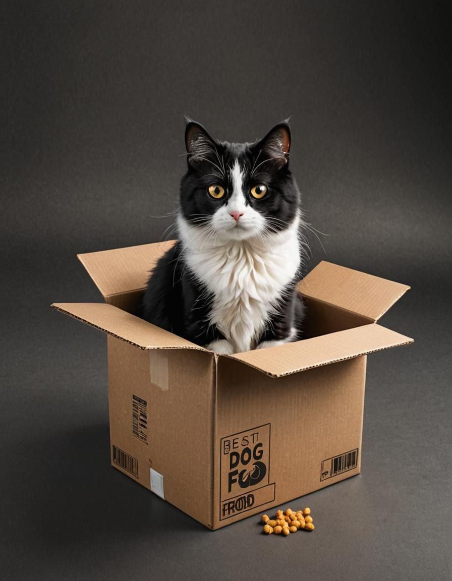 Cat in Dog Food Box: Hyper-Realistic Illustration