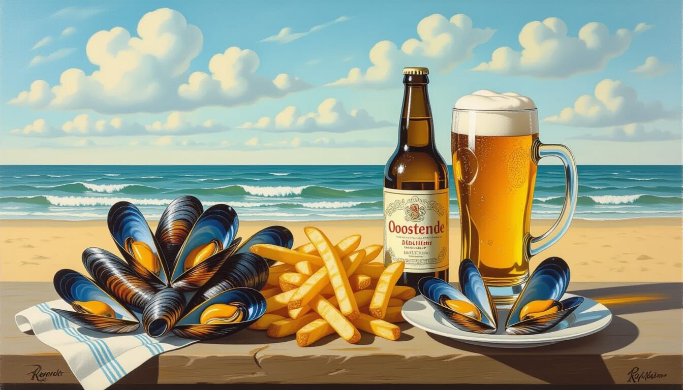 Surreal Belgian Feast: Mussels, Fries, Beer, and Mayonnaise