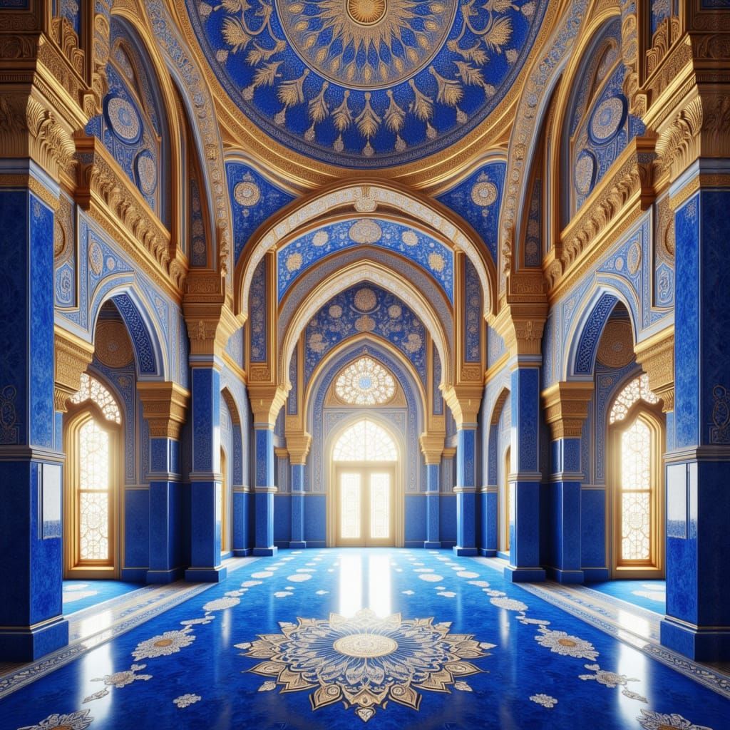 Byzantine Lapis Lazuli Mosque Interior in Elegant Gold and P...