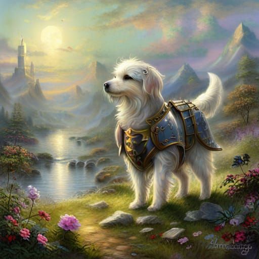 Armored Dog in Ethereal Fantasy Landscape