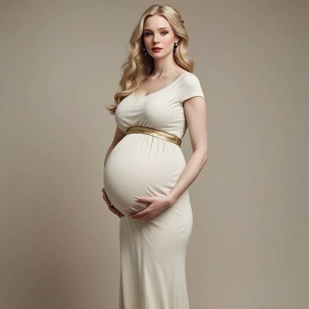 Young Woman Pregnant with Quadruplets in Gold Dress