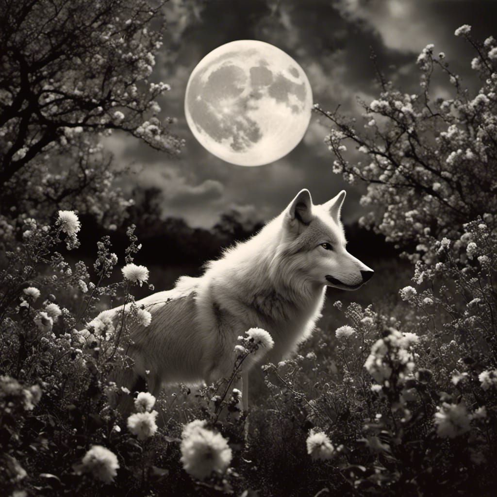 <lora:Whimsical:1.0> wolf ,Flowers, feathers , oak leaves , trees, inside a wolf, full moon, Photography Mann Ray