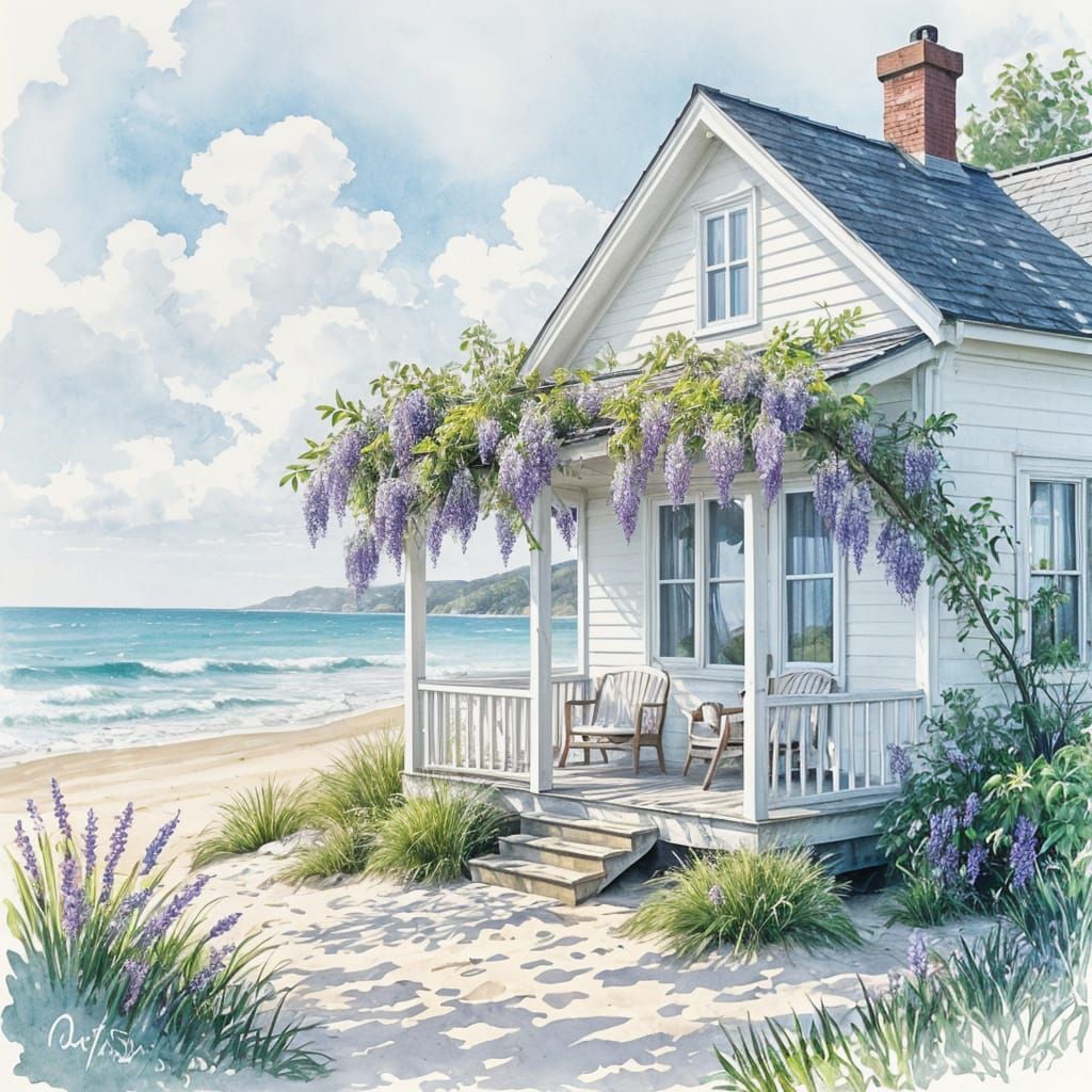 Charming Beach Cottage with Wisteria in Watercolor Style