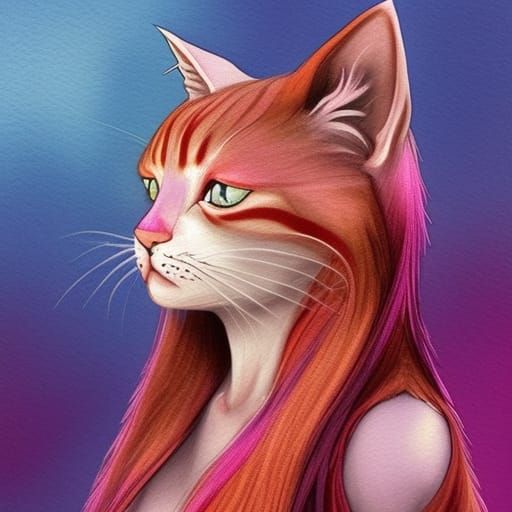 Attractive Cat Girl Model with Gold, Blue, and Pink Hair