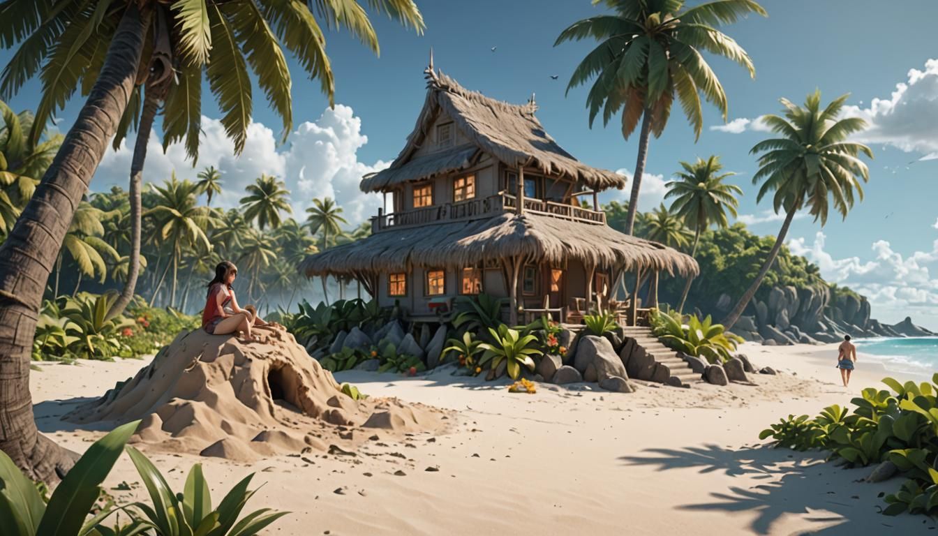 Tropical Island Sandcastle in Anime Fantasy Style