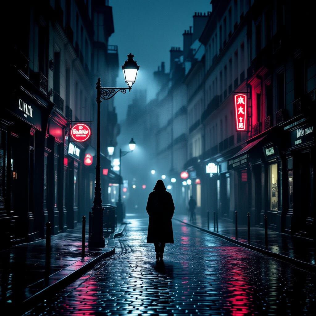 Shadowed Figure on Rainy Parisian Street