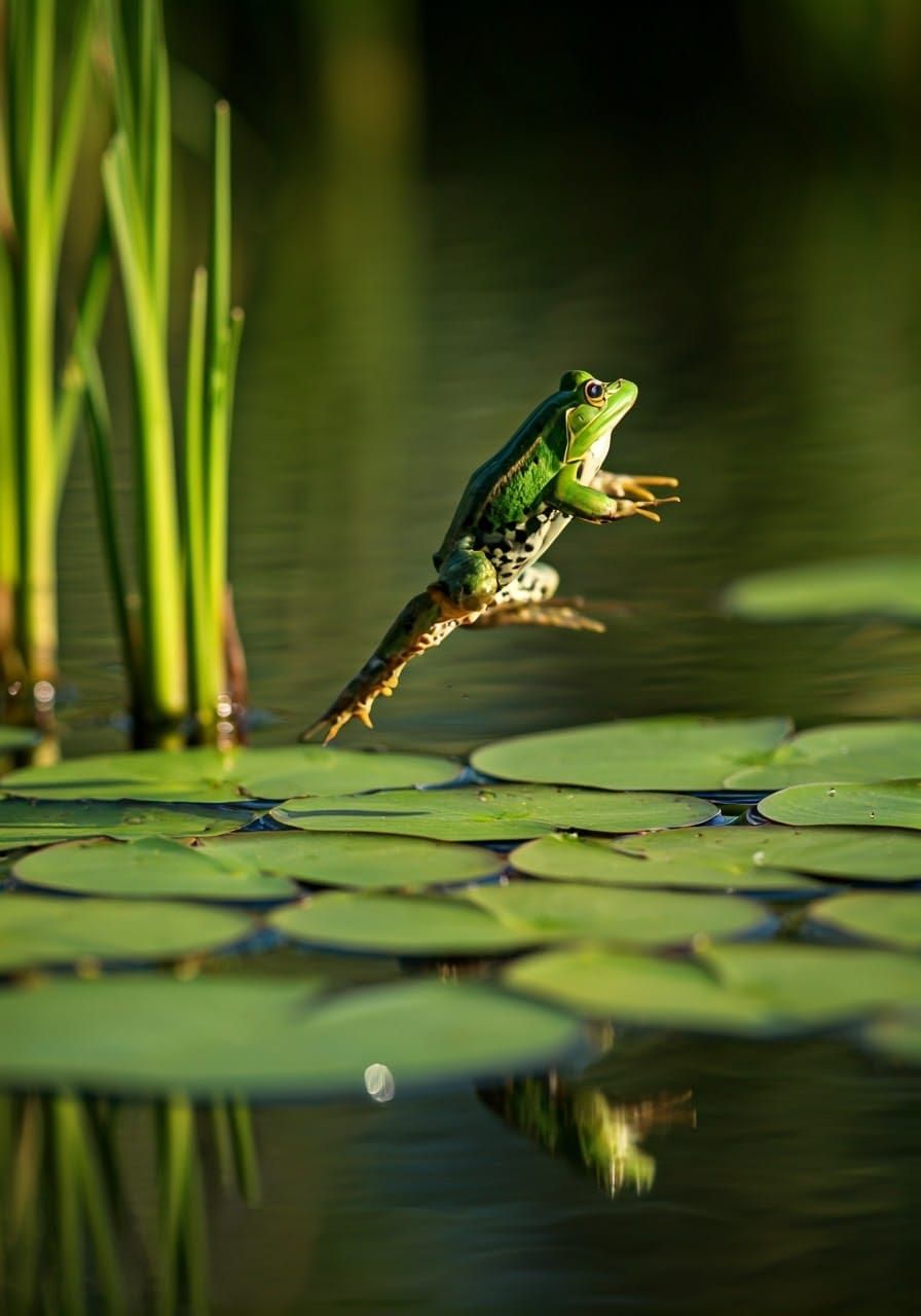 Green Frog Hops on Lily Pad Grid