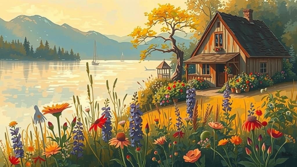 Impressionistic Summer Garden with Cozy Cottage at Golden Ho...