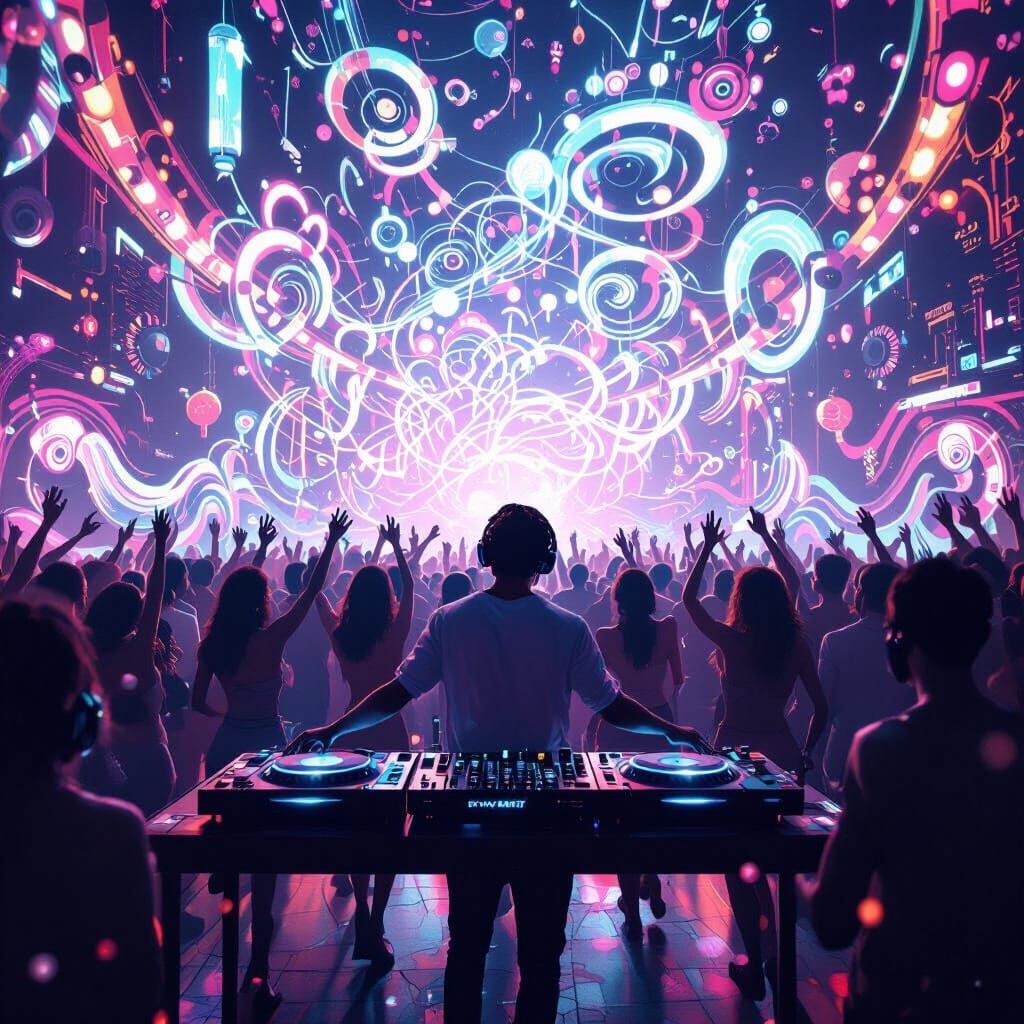DJ Lights Up Dreamlike Dancefloor in Matte Painting Style
