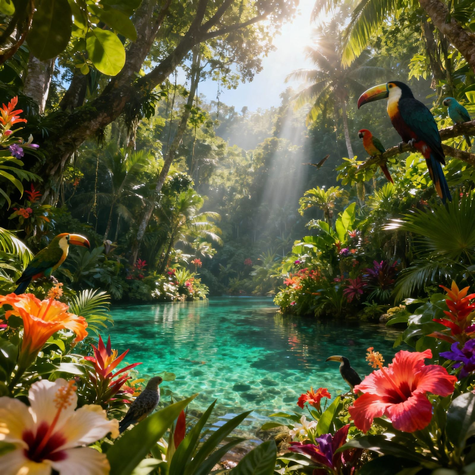Hyperrealistic Paradise with Exotic Flowers and Wildlife