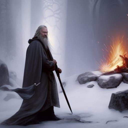 Gandalf and Vikings in Snowy Cave, Dark Fantasy Art