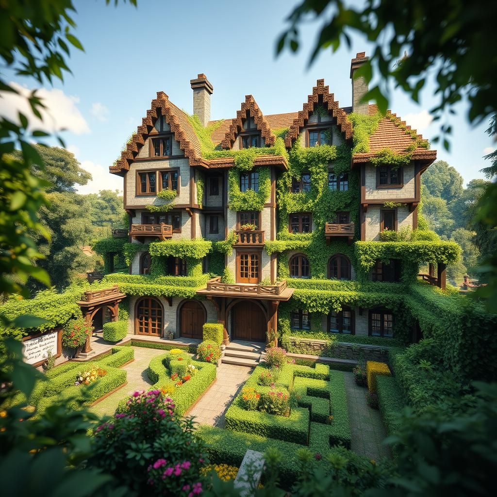 Minecraft Medieval House With Lush Garden in Sunlight