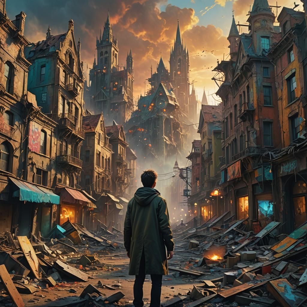 Chaotic Cityscape: Surreal Oil Painting in Triadic Colors