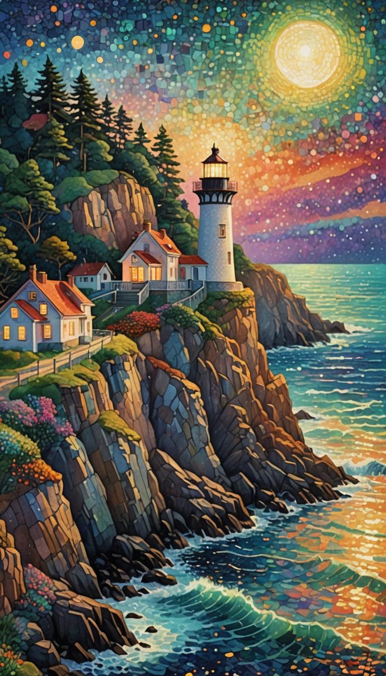 Pointillism digital art print, medium shot of a lighthouse o...