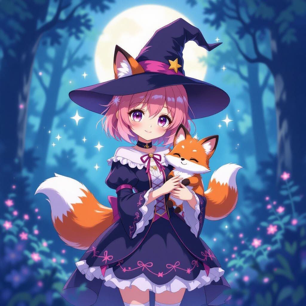 Anime Fox Witch Girl With Pink Hair Holding Fox