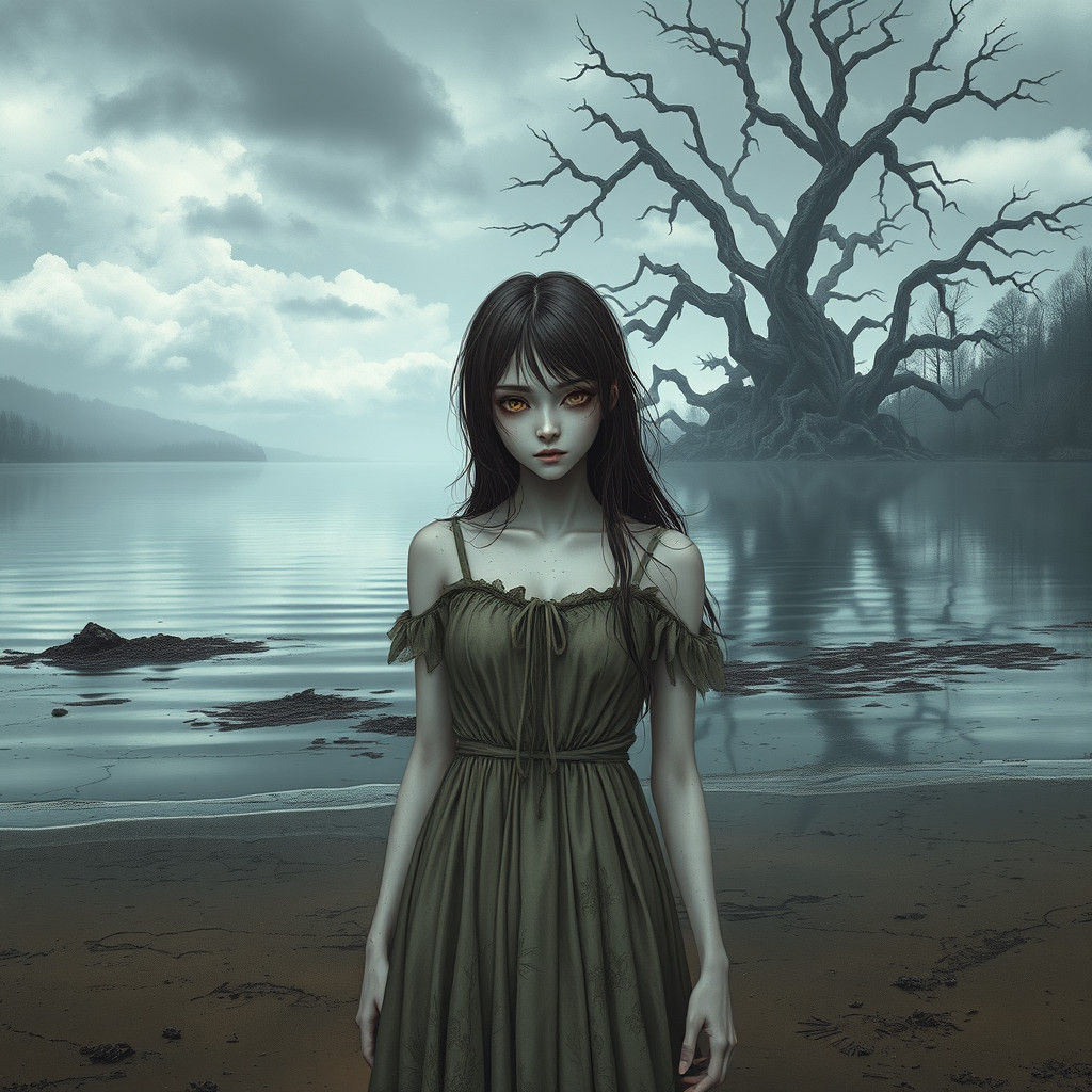 Ethereal Anime Woman on Desolate Lake Beach