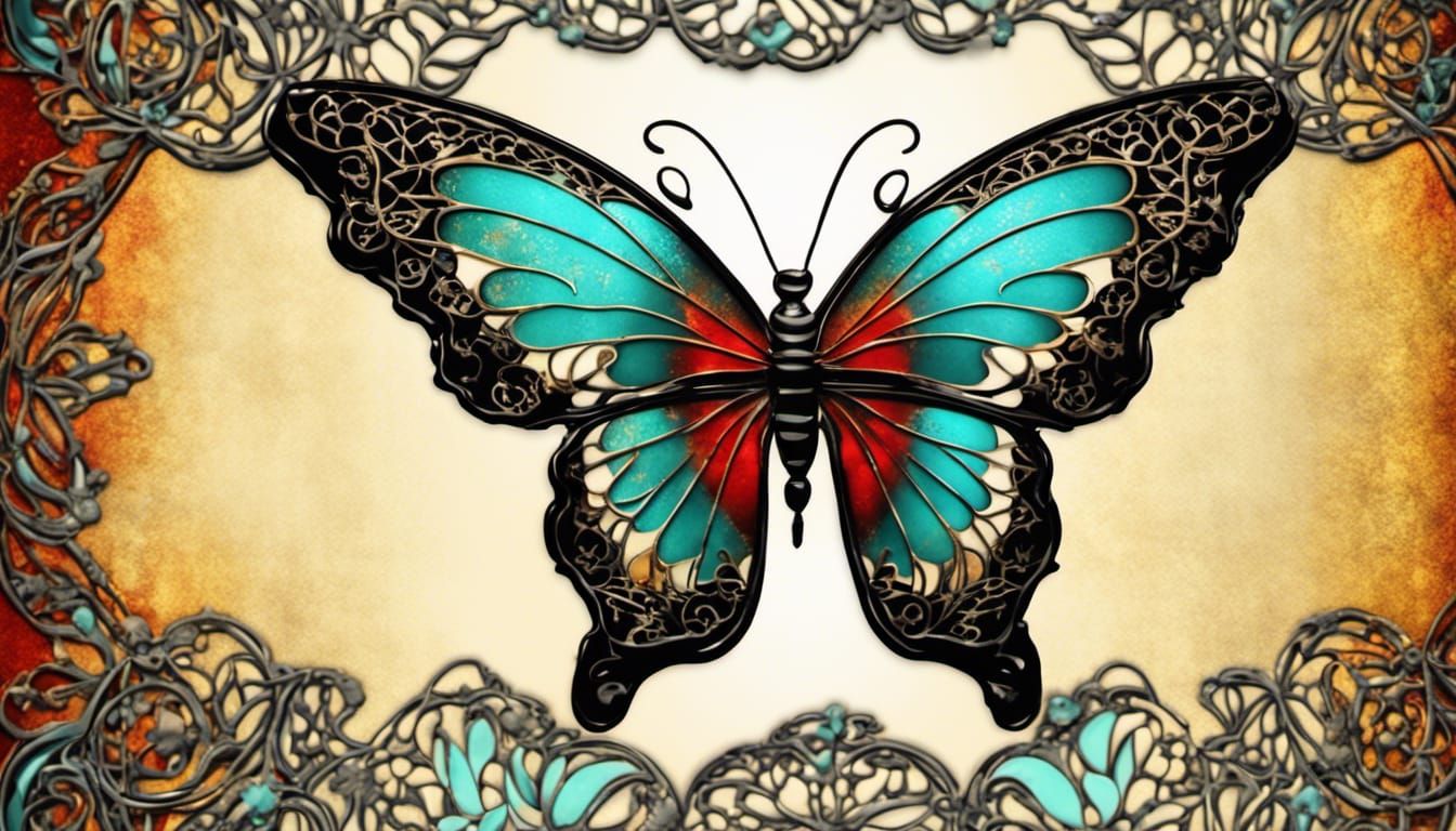 shabby black lace on top of detailed art nouveau butterfly clear shiny and rusty and turquoise red yellow metallic gold ...